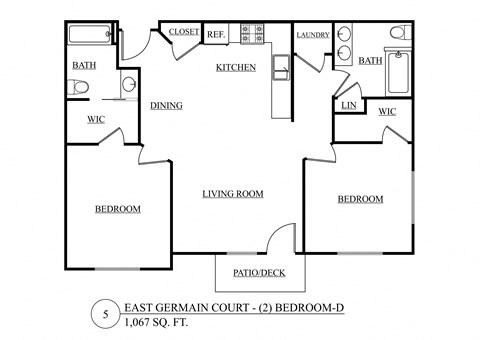 Floor plan for 2 beds, 2 baths, 1067 sqft